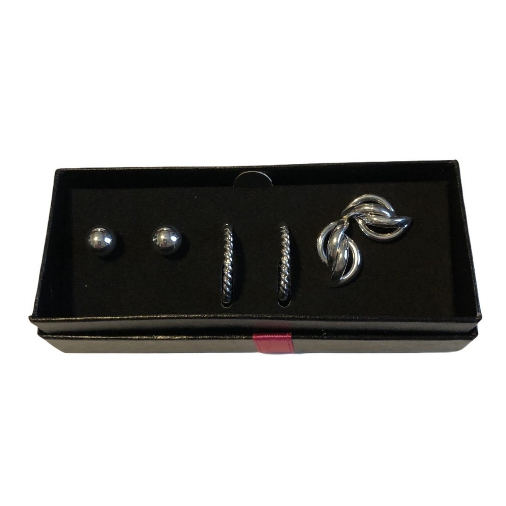 Avon Earring Gift Set 3 Pairs Studs Hoops Silvertone‎ Gift Box
